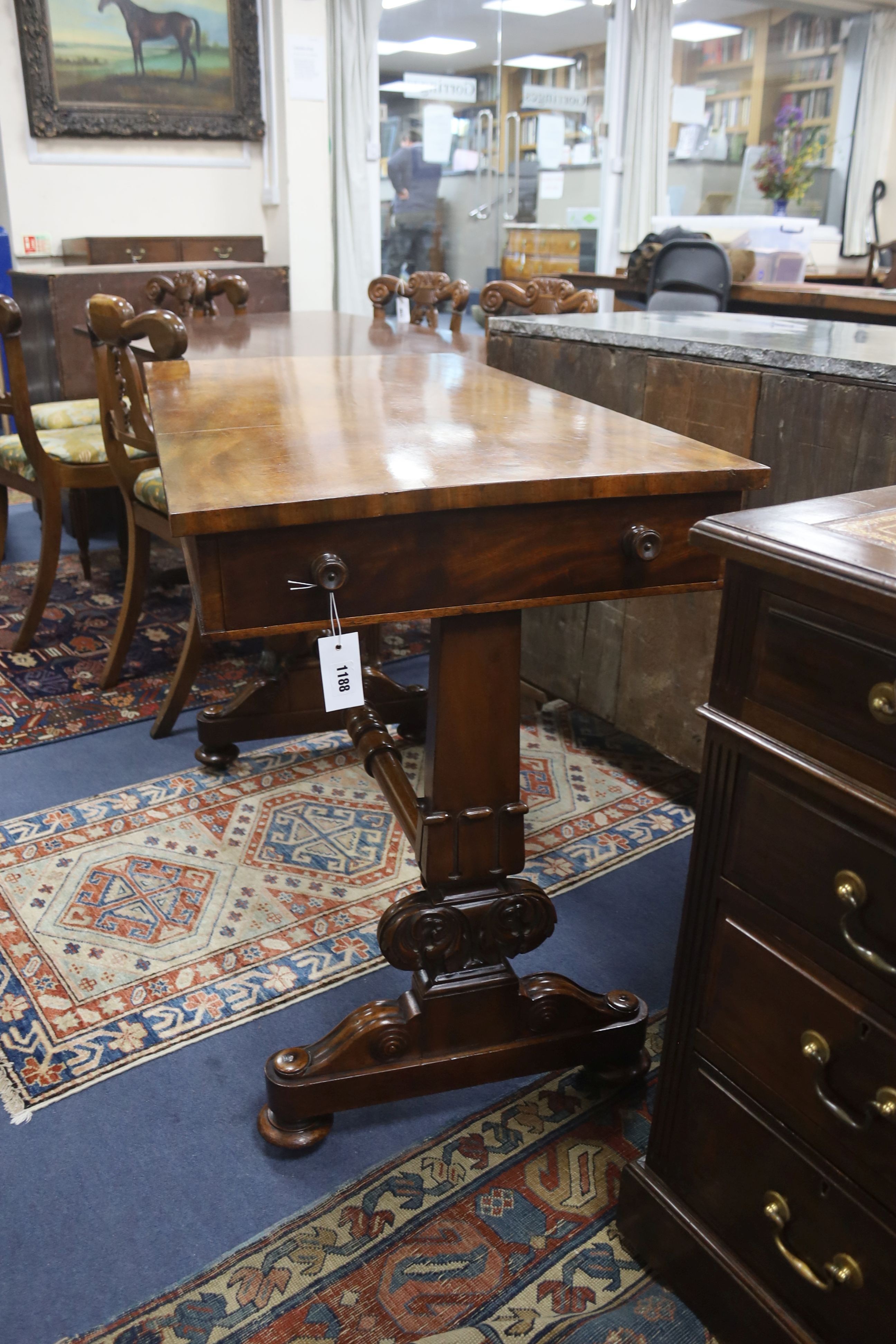 An early Victorian rectangular mahogany centre table fitted end drawers, width 105cm, depth 54cm, height 75cm